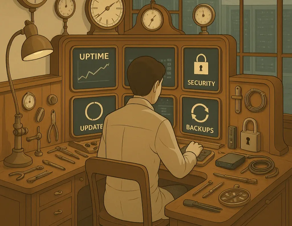 Un technicien au travail dans une salle de contrôle mélangeant des influences Ghibli et steampunk